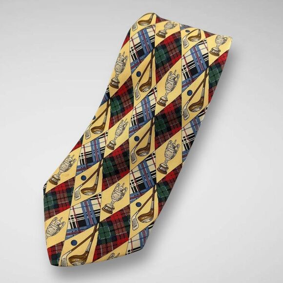 Burberrys Yellow Silk Mens Neck Tie Argyle Diamond‎ Blue Red Plaid Golf Clubs - Picture 1 of 10
